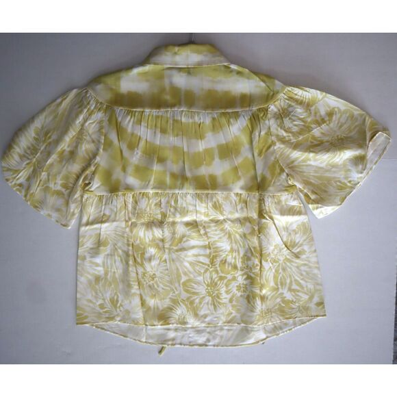 Banana Republic Women Petite Sz XS Yellow Floral Matte Silk Tie-Front Shirt - Picture 9 of 9